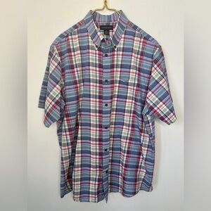 Lands’ End Colorful Blue Plaid Cotton Short Sleeve Button Up Shirt Men’s Large